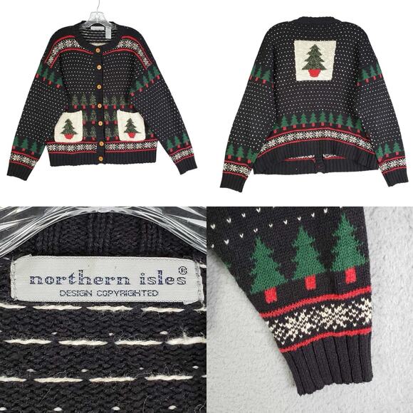 Northern Isles Vtg Cardigan Sweater Women Large Black Christmas Grandma Tree - Picture 1 of 11
